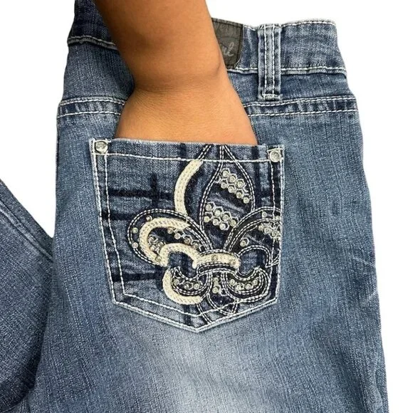 Soundgirl Jeans Juniors 17 Blue Bootcut Studs Bling Thick Stitch Fluer De Lis - Picture 10 of 16